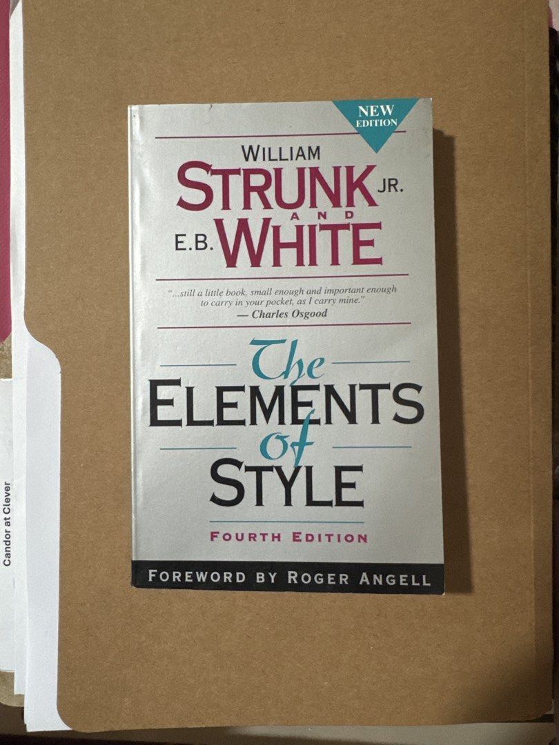 The Elements of Style Fourth Edition by Strunk and White (Category: Textbooks) located in Makati City. Submitted by avic_c (Listing ID 1469732677, Image 1). Description: - Title: The Elements of Style (4th Edition) - Authors: William Strunk Jr. and E.B. White - Publisher: Allyn and Bacon - Format: Paperback, pocket-sized - Condition: Great for students, writers, and professionals - Highlights: Clear rules, usage tips, and timeless writing advice.
