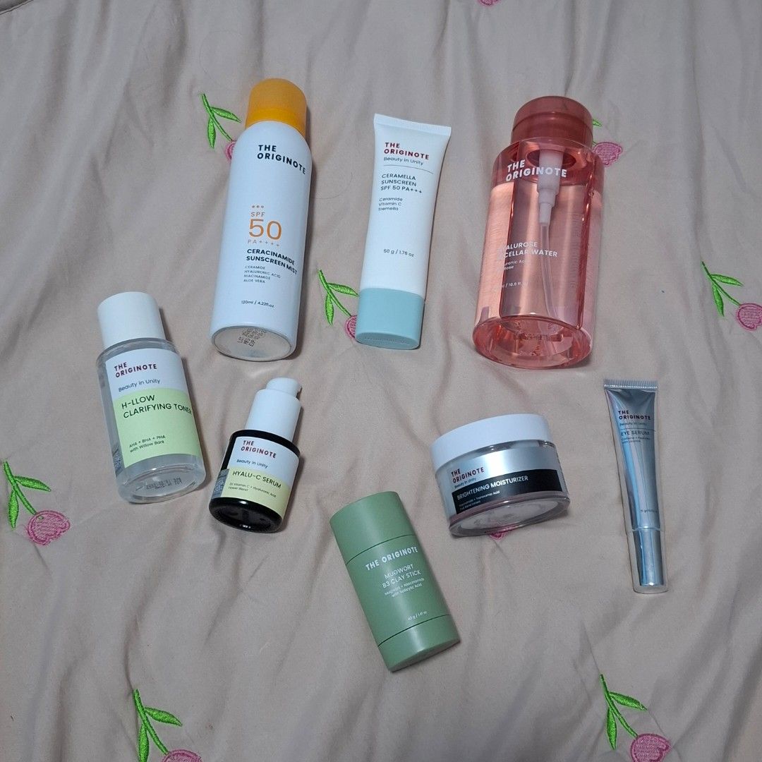 The Originote Skincare Collection Set (Category: Face Care) located in Dasmarinas. Submitted by luzella (Listing ID 1469727997, Image 1). Description: Used 3-4× rfs: not suitable for my skin type - Complete 8-piece The Originote skincare bundle - Includes micellar water, sunscreen spray, sunscreen tube, eye serum, moisturizer jar, clay stick, serum, and toner - Lightly used a couple of times, tubes and bottles are still mostly full - Ideal and co