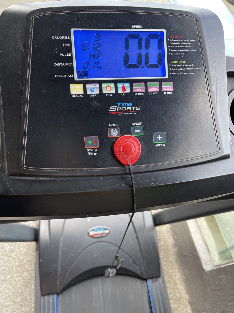 Time Sports DC55 Electric Treadmill (Category: Cardio & Fitness Machines) located in Paranaque City. Submitted by cheskadejon (Listing ID 1469720438, Image 2). Description: - Brand/Model: Time Sports DC55 Treadmill - Condition: Solid working order - Digital screen tracks: Calories, time, pulse, distance, and speed - Programs: Manual mode up to 45-minute preset buttons - Extras: Dual cup holders and emergency safety key - Design: Running belt with