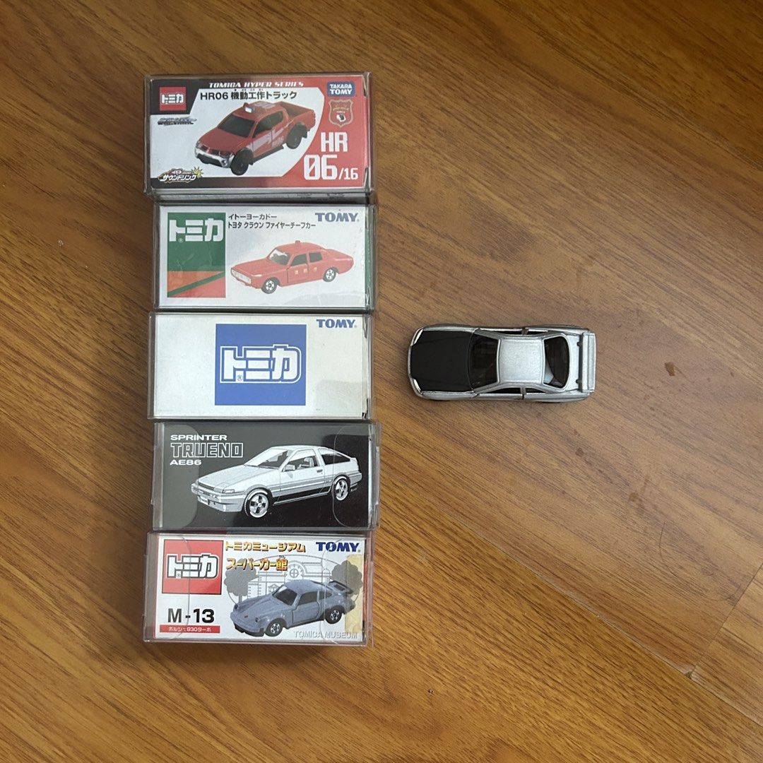 Tomica Assorted (Category: Vehicle & Diecast Models) located in Paranaque City. Submitted by lnce.e (Listing ID 1469624643, Image 2). Description: All mint - Hyper Rescue Triton - Ito Yokado Crown Fire Chief - Kuji R34 - TAM Sprinter Trueno AE86 - Tomica Museum Porsche 930 Turbo Parañaque Loc.