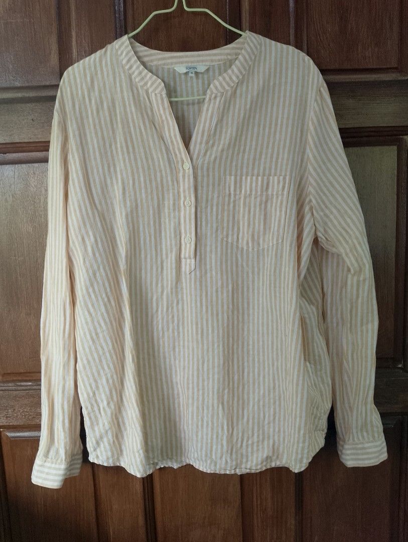 Top Ten Linen Long sleeves (Category: Longsleeves) located in Cabadbaran. Submitted by ztsfinds (Listing ID 1469652208, Image 1). Description: -This is curated ukay clothes, already washed. -Color may vary due to lighting. -Color Condition:10/10 (white/pale orange) -Need lang iron para gumanda tingnan. -Size:95 /Medium (fits up to Large) -Length:69 cm -Width: 57 cm.