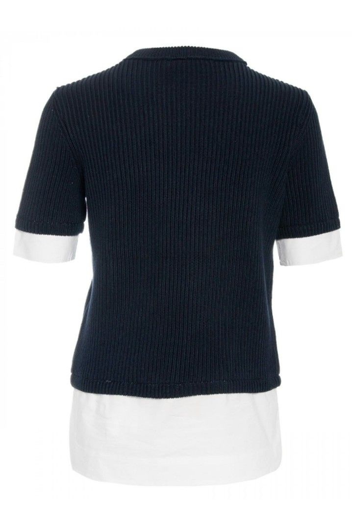 Tory Burch Navy Blue Layered Knit Top Size M (Category: Longsleeves) located in Paranaque City. Submitted by calm_youngstore7 (Listing ID 1469574051, Image 2). Description: - Brand: Tory Burch - Style: Layered knit top with white contrast cuffs and hem - Color: Navy blue - Size: Medium (M) - Condition: Brand new with original store tags attached - Details: Short sleeves, ribbed texture, crew neck, front patch pockets - Measurements: Width 18 inch