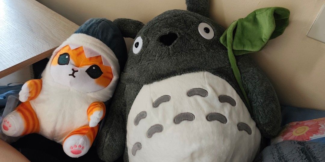 Totoro Plush Toy with Leaf (Category: Plushies & Soft Toys) located in Manila. Submitted by louisee08 (Listing ID 1469750116, Image 2). Description: - Item: 55 cm Totoro plush toy with iconic green leaf - Design: Grey furry body, white belly with classic chevron markings, big round eyes, and black nose - Feel: Very soft, huggable, and comforting size - Condition: Clean fabric, excellent and well-maintained - Environment: Kept in a 100% smoke-free