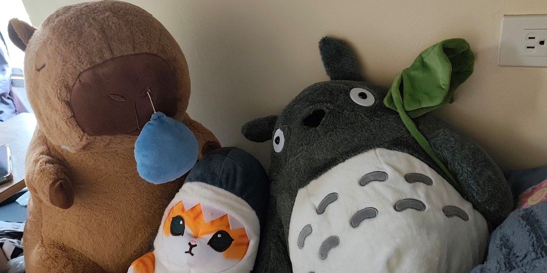 Totoro Plush Toy with Leaf (Category: Plushies & Soft Toys) located in Manila. Submitted by louisee08 (Listing ID 1469750116, Image 3). Description: - Item: 55 cm Totoro plush toy with iconic green leaf - Design: Grey furry body, white belly with classic chevron markings, big round eyes, and black nose - Feel: Very soft, huggable, and comforting size - Condition: Clean fabric, excellent and well-maintained - Environment: Kept in a 100% smoke-free