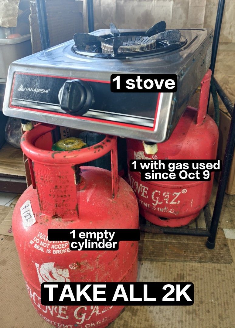 Two LPG Cylinders Bundle with free Hanabishi stove (Category: Cookware & Accessories) located in Cagayan de Oro. Submitted by abiiibiiii (Listing ID 1469666372, Image 1). Description: - Hanabishi single burner gas stove included - Comes with 2 Shine Gas LPG tanks 5 kg (1 empty, 1 active with gas used since Oct 9) - Price: ₱2,000 (Take all items together).