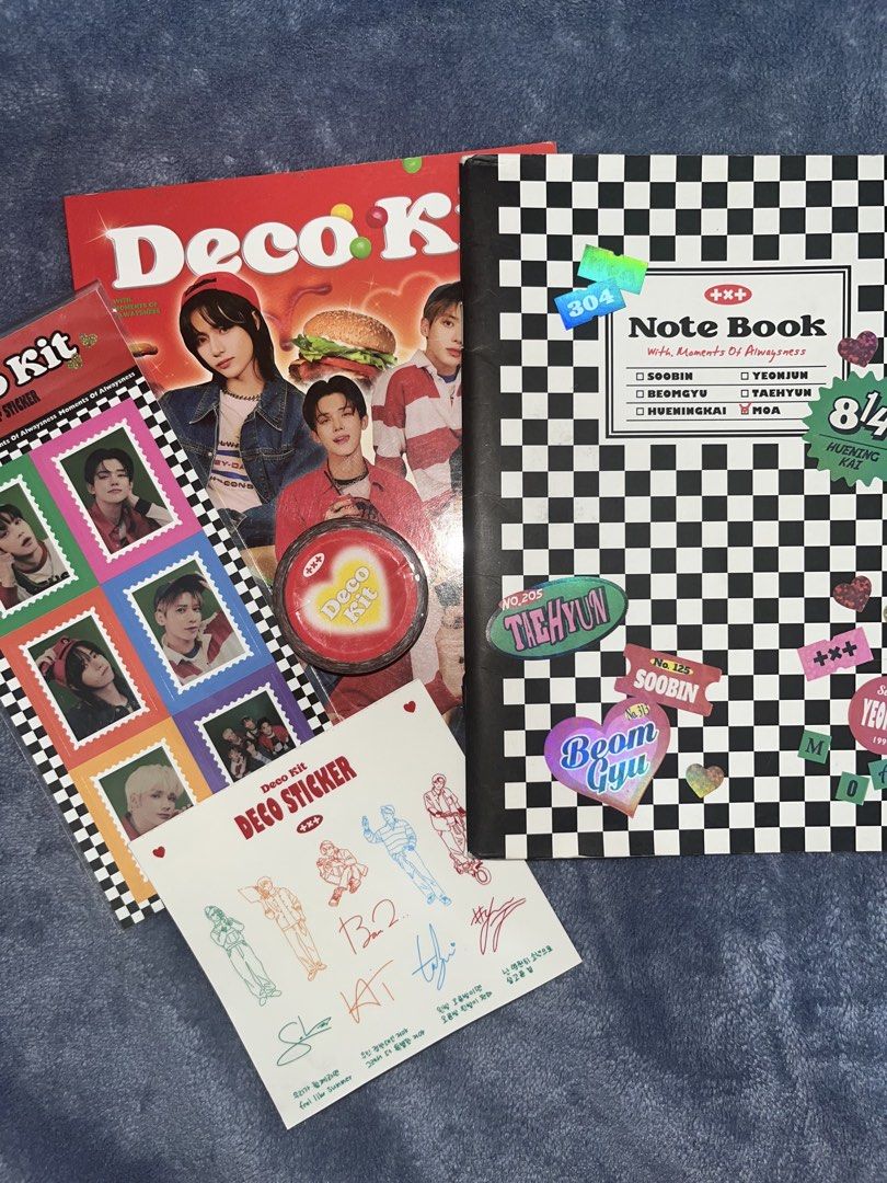 TXT Tomorrow X Together Deco Kit Set (Category: K-Wave Merchandise) located in Tarlac. Submitted by yuejunnie (Listing ID 1469604784, Image 1). Description: - Official TXT Deco Kit goods bundle - Includes notebook, stamp stickers, deco stickers, washi tape, and photo book - Perfect for journaling, photocard decorating, and crafts.