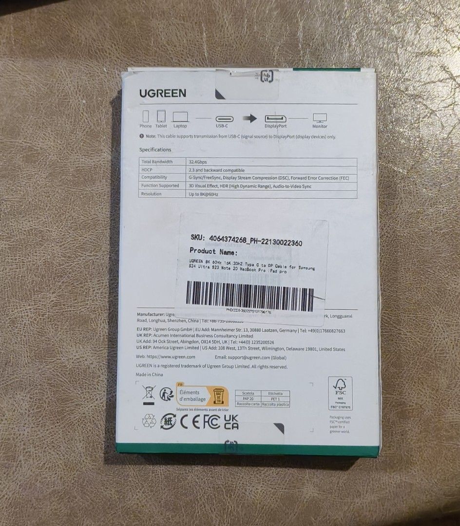 UGREEN USB-C to DisplayPort 8K Cable (Category: Chargers & Cables) located in Bamban. Submitted by gooogleu253 (Listing ID 1469723540, Image 2). Description: - Brand new, unopened, and 100% unused UGREEN USB-C to DisplayPort cable - Ultra-clear resolution support: 8K at 60Hz and 16K at 30Hz with HDR and 3D effects - High-speed 32.4Gbps data transmission for lag-free gaming and streaming - Broad compatibility with Samsung S24 Ultra, S23, Note 20, 