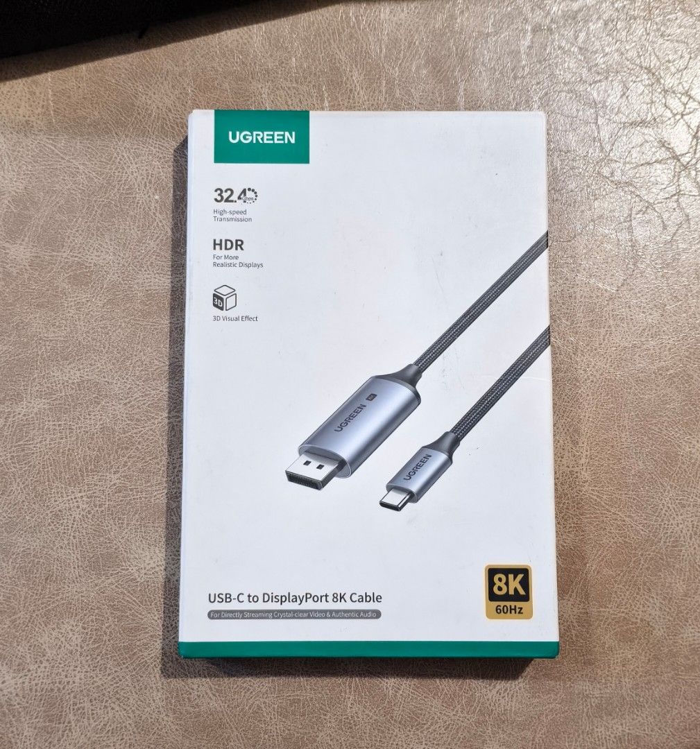 UGREEN USB-C to DisplayPort 8K Cable (Category: Chargers & Cables) located in Bamban. Submitted by gooogleu253 (Listing ID 1469723540, Image 1). Description: - Brand new, unopened, and 100% unused UGREEN USB-C to DisplayPort cable - Ultra-clear resolution support: 8K at 60Hz and 16K at 30Hz with HDR and 3D effects - High-speed 32.4Gbps data transmission for lag-free gaming and streaming - Broad compatibility with Samsung S24 Ultra, S23, Note 20, 