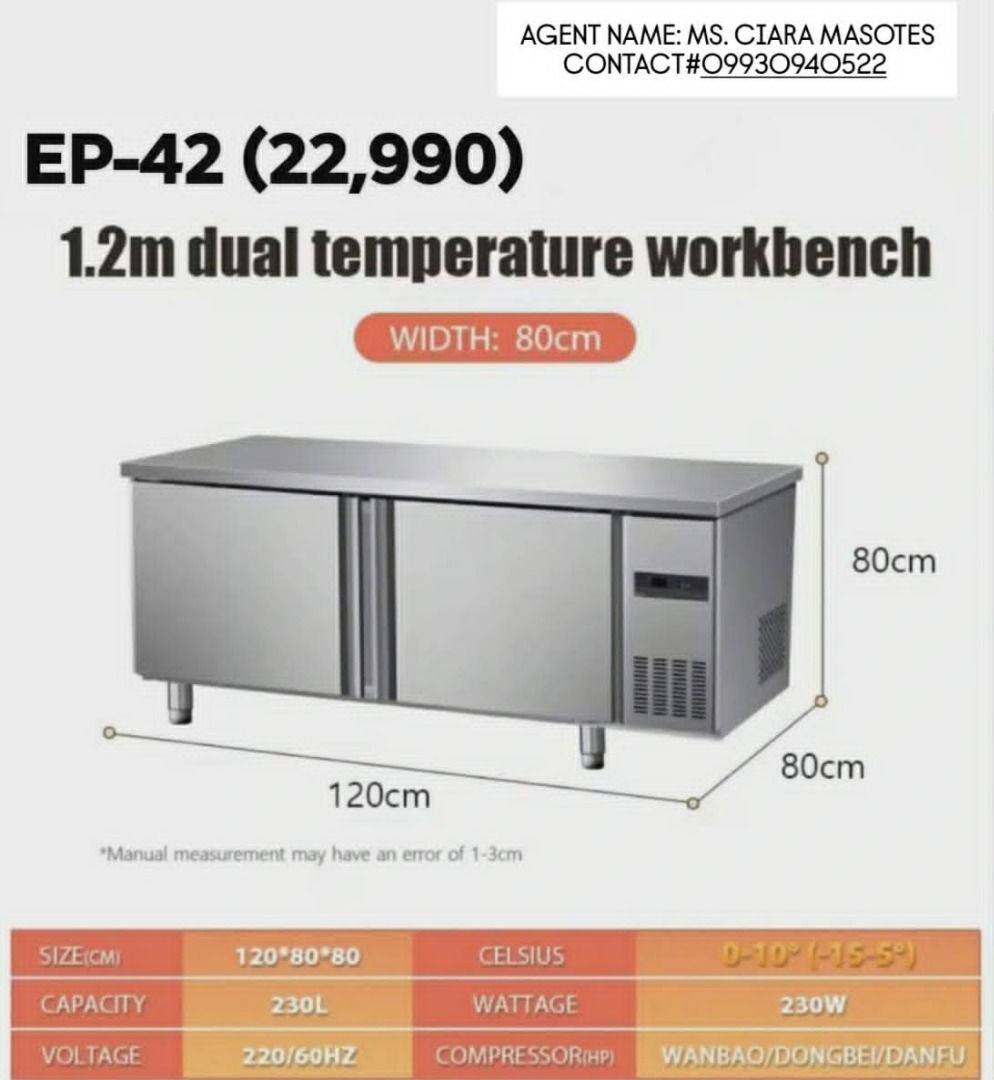 UNDER COUNTER CHILLER/FREEZER/ CHILLER & FREEZER(COMBINATION) (Category: Industrial Equipment) located in Lucena. Submitted by ciaramasotes29 (Listing ID 1469647806, Image 2). Description: UNDER COUNTER CHILLER EPA-01 120x80x80cm ₱26,990 EPA-02 150x80x80cm ₱28,990+ UNDER COUNTER FREEZER EP-39 150X80X80cm ₱25,590 UNDER COUNTER CHILLER & FREEZER(COMBINATION) EP-42 120x80x80cm ₱22,990 Inside Dimensions: 76*62*54cm EP-44 150x80x80cm ₱26,990 Inside Di