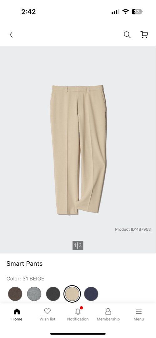Uniqlo Ankle Pants Beige Size S (Category: Other Bottoms) located in Legazpi City. Submitted by loisfinds (Listing ID 1469628261, Image 1). Description: - Brand: Uniqlo - Item: Smart Pants - Color: Beige - Size: S (Waist: 60-66cm | Hip: 85-91cm) - Material: Polyester, rayon, and spandex blend - Condition: Wearable with a small dirt mark near the front thigh area - Perfect for casual or office wear - As is Rfs: upsizing .