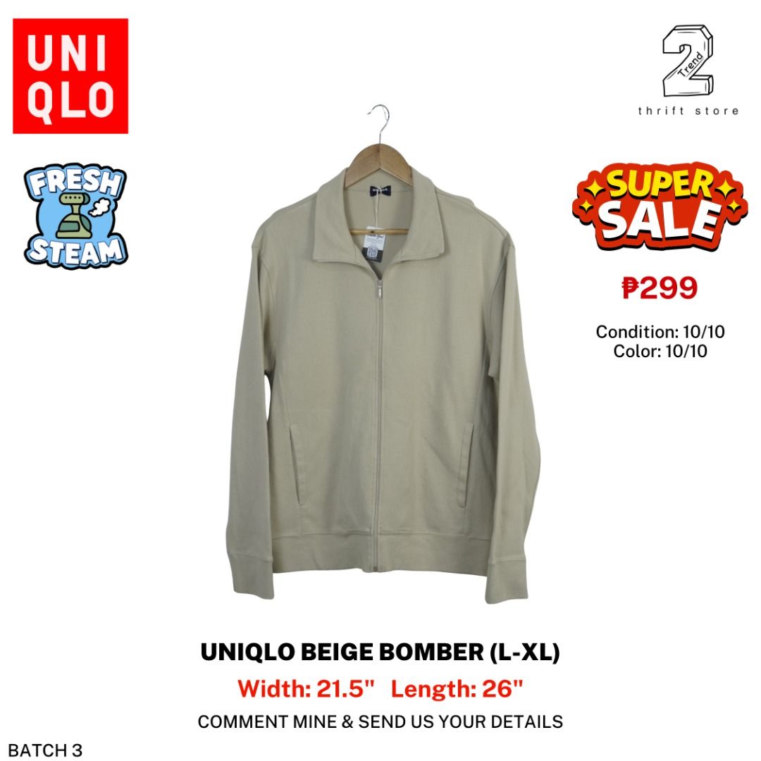 Uniqlo Beige Bomber Jacket Medium Weight (L-XL) (Category: Coats, Jackets and Outerwear) located in Marikina City. Submitted by 2trend_thrift (Listing ID 1469740841, Image 1). Description: .
