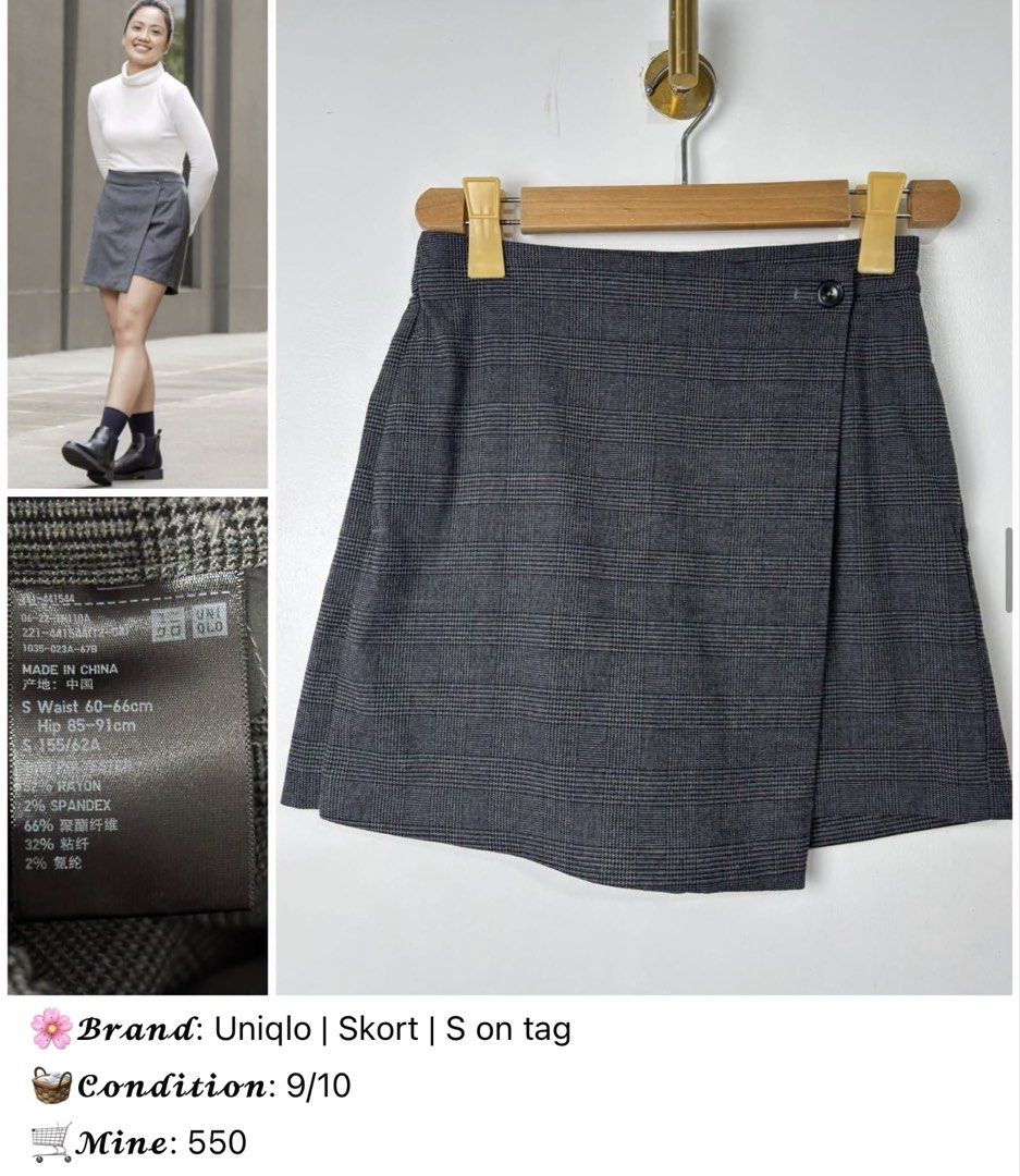 Uniqlo Grey Plaid Skort Size S (Category: Skirts) located in Calamba. Submitted by anneramos0929 (Listing ID 1469611323, Image 1). Description: - Brand: Uniqlo - Item: Grey plaid wrap skort - Size: S (Fits waist 60-66cm, hips 85-91cm) - Material: 66% rayon, 32% polyester, 2% spandex - Details: Wrap-style front, button closure, with hidden shorts underneath - Style: Great for smart casual outfits and everyday wear.