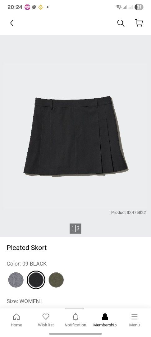 Uniqlo Pleated Skort - Black - L (Category: Skirts) located in Taguig. Submitted by jas_7 (Listing ID 1469687996, Image 1). Description: - Brand: Uniqlo - Color: Black - Size: L (Fits waist 69-75cm, hips 94-100cm according to tag). Check photos for other dimension details - with built in shorts - Very good condition - RFS: not my size anymore Last price as posted.
