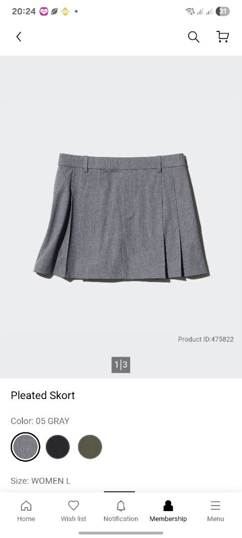 Uniqlo Pleated Skort - Gray - L (Category: Skirts) located in Taguig. Submitted by jas_7 (Listing ID 1469687410, Image 1). Description: - Brand: Uniqlo - Color: Gray - Size: L (Fits waist 69-75cm, hips 94-100cm according to tag). Check photos for other dimension details - with built in shorts - Very good condition - RFS: not my size anymore Last price as posted.