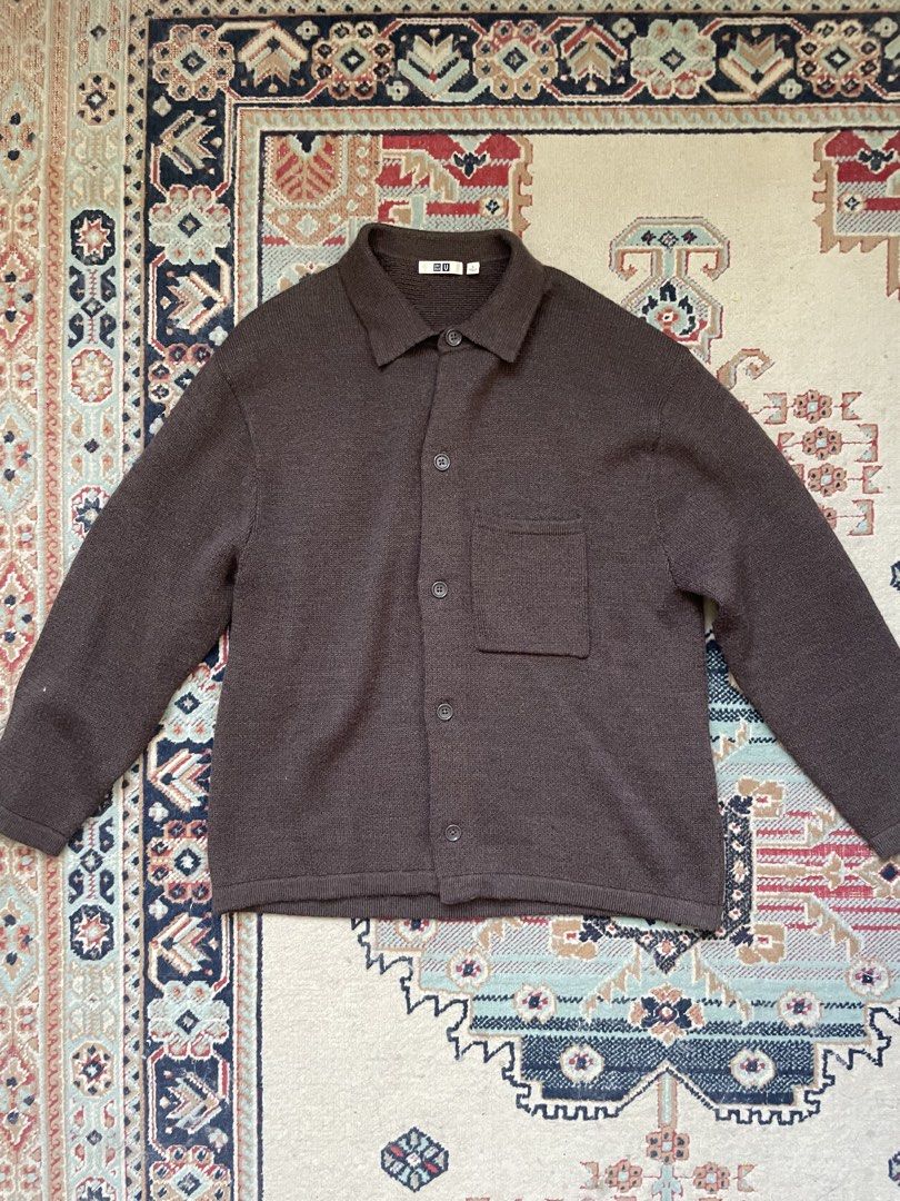 Uniqlo U Knit Cardigan (Category: Coats, Jackets and Outerwear) located in Pasig City. Submitted by erzvgo (Listing ID 1469633449, Image 1). Description: Uniqlo U brown knit cardigan Size large Classic point collar with full button front closure. Single patch pocket on the left chest. Ribbed hem and cuffs. Buyer handles delivery from Makati .