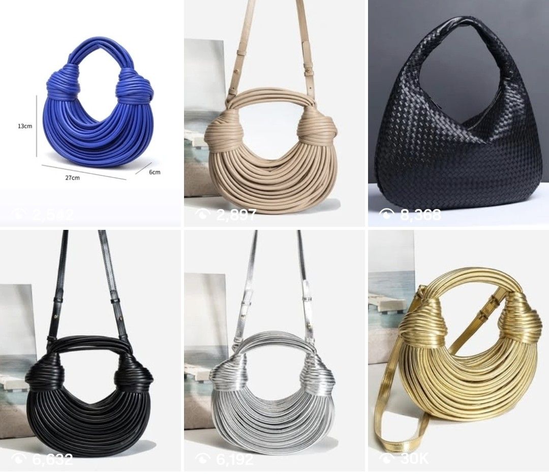 Unique Twisted Rope Handle Crescent Shoulder Bag Multiple Colours (Category: Shoulder Bags) located in Pasig City. Submitted by ThisandThatAvenue (Listing ID 1469602243, Image 1). Description: - Trendy crescent shoulder bag with a structured, curved silhouette - Features eye-catching multi-strand twisted rope handles and side knot details - Compact size: 27cm (L) x 13cm (H) with a 6cm base width - Includes a matching long strap for versatile cros