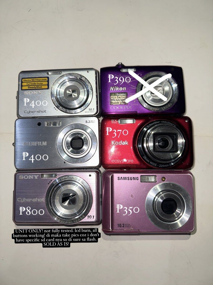 UNTESTED AND 1 TESTED DIGICAM!! SOLD AS IS (Category: Cameras) located in Manila. Submitted by arelaknows78211 (Listing ID 1469696956, Image 1). Description: SONY LANG PO TESTED PABASA NUNG MINI NOTE NYA SA BABA!!! SOLD AS IS TAKE NOTE: UNTESTED NA IBA JAN!! no battery NO RETURN/REFUND.