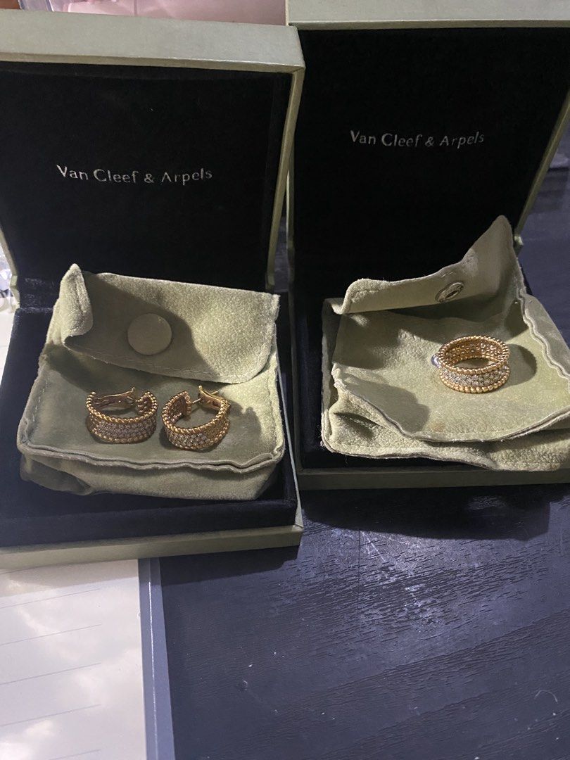 Van Cleef & Arpels Earrings and Ring Set (Category: Necklaces) located in Quezon City. Submitted by ysabelashoppingaddict (Listing ID 1469684393, Image 1). Description: - Authentic Van Cleef & Arpels collection - Includes diamond pave bands and hoop earrings - Clean condition with minimal wear - Stored properly in velvet-lined boxes - Complete with original branded boxes and green suede pouches .