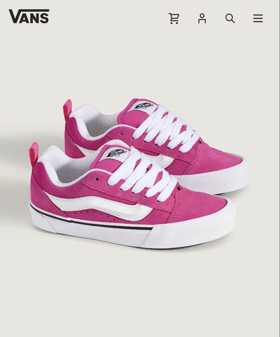 Vans Knu Skool Pink Sneakers (Category: Sneakers) located in Pasig City. Submitted by revieconde (Listing ID 1469752805, Image 3). Description: - Model: Vans Knu Skool - Color: Bright Pink - Condition: Brand new, unworn, pristine out of box - Features: Trendy puffy tongue, chunky white laces, and signature sidestripe - Material: Premium suede upper with classic waffle gum sole - Extras: Heel pull tab and clean white sidewalls with black detail li
