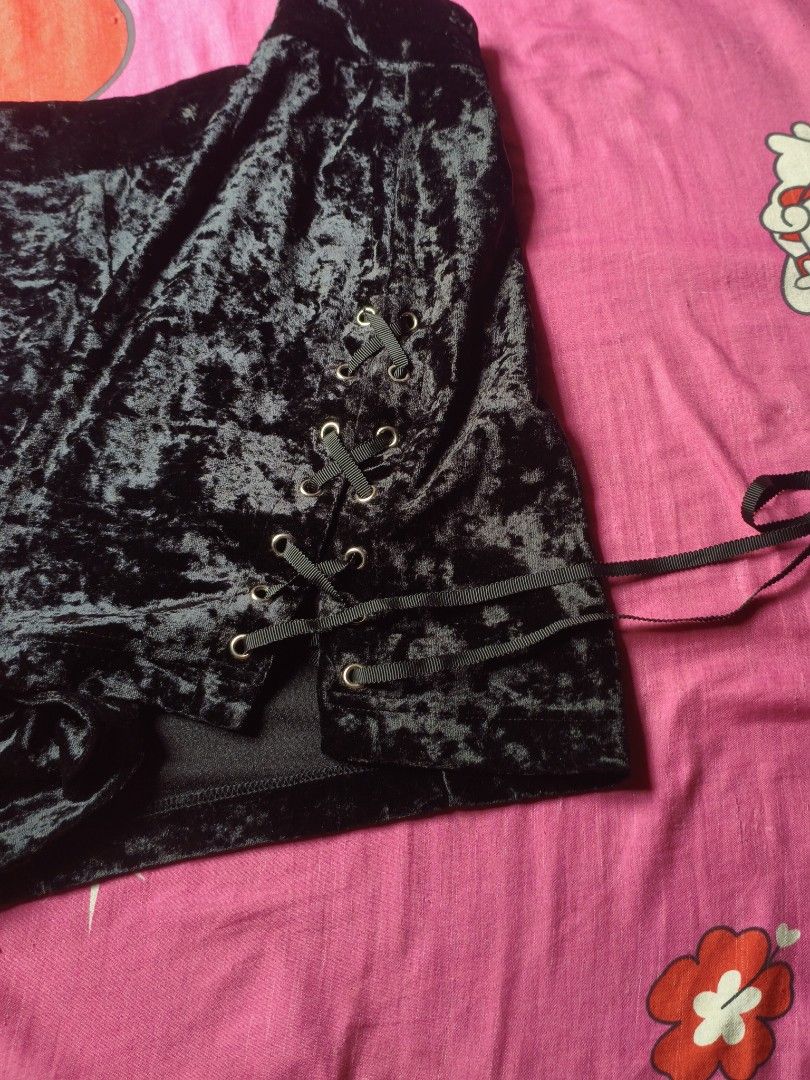 velvet mini skirt (Category: Skirts) located in Manila. Submitted by avwilynn (Listing ID 1469600728, Image 2). Description: *Black Crushed Velvet Lace-Up Mini Skirt - Size M* Retro / goth style mini skirt. *Details:* - *Brand:* Retrogirl / Heyyou Girl - tag says M - *Color:* Black crushed velvet - shiny velvet texture, shows some light reflection in photos which is normal for this fabric - *Cut:* High-waisted, bodycon / pencil fit, mini length -