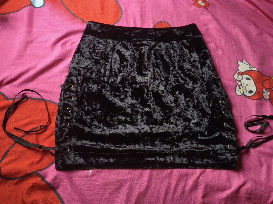 velvet mini skirt (Category: Skirts) located in Manila. Submitted by avwilynn (Listing ID 1469600728, Image 1). Description: *Black Crushed Velvet Lace-Up Mini Skirt - Size M* Retro / goth style mini skirt. *Details:* - *Brand:* Retrogirl / Heyyou Girl - tag says M - *Color:* Black crushed velvet - shiny velvet texture, shows some light reflection in photos which is normal for this fabric - *Cut:* High-waisted, bodycon / pencil fit, mini length -