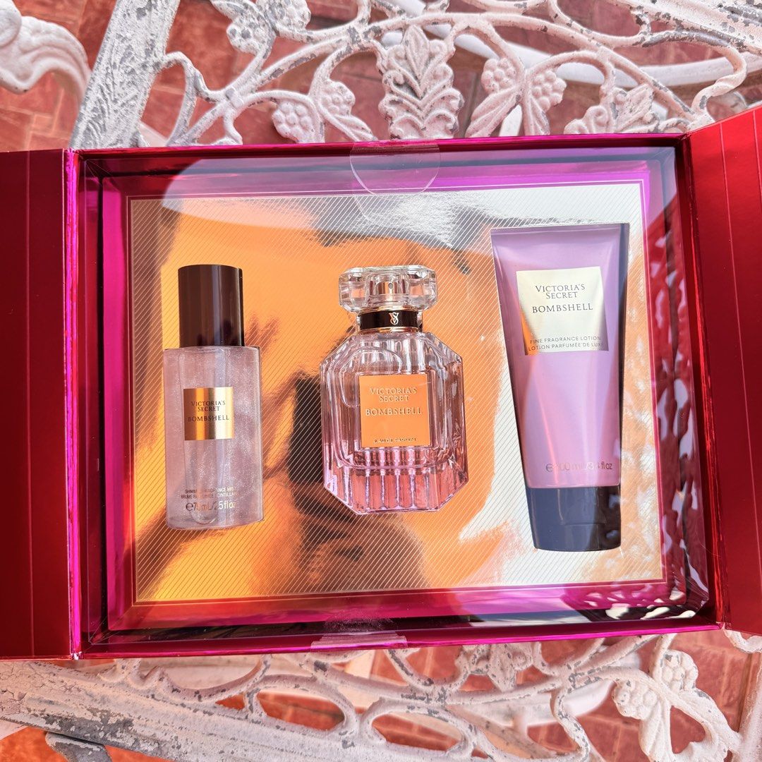 Victoria's Secret Bombshell and Heavenly Gift Sets (Category: Fragrance & Deodorants) located in Cainta. Submitted by ivana.g (Listing ID 1469597877, Image 3). Description: - Brand new, unopened Victoria's Secret fragrance gift sets - Available scents: Bombshell and Heavenly - Each set includes: Eau de parfum, shimmer fragrance mist, and scented body lotion - Beautiful festive presentation boxes tied with red ribbons - Perfect for gifting, holida