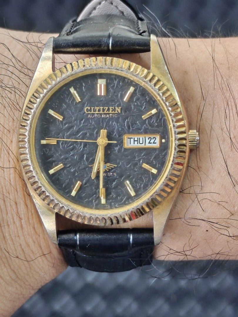 Vintage Citizen Automatic Gold Fluted Bezel Black Dial Watch (Category: Men's Watches) located in Caloocan City. Submitted by klaudio23 (Listing ID 1469713284, Image 2). Description: Citizen Eagle "7" Automatic Unique Matte Black Dial Gold fluted bezel Reference Number: 8200-R02092 RC Prod. Date: November 1990 Case Diameter: 36mm AM Citizen Butterfly Lock Strap Newly serviced and timegraph tested Can be manually wind With 2months machine warranty