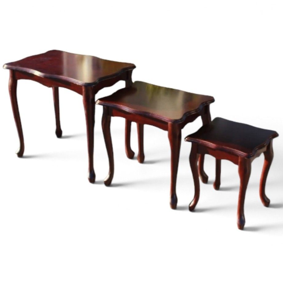VINTAGE FRENCH PROVINCIAL STYLE 3-PIECE SOLID WOOD NESTING TABLE SET (Category: Tables & Sets) located in Bulacan. Submitted by by_adette (Listing ID 1469608938, Image 1). Description: VINTAGE FRENCH PROVINCIAL STYLE 3-PIECE SOLID WOOD NESTING TABLE SET Measurements: L23.5"xW16"xH30.75" L18"xW14"xH17.5" L11.5"xW12.75"xH14.25".