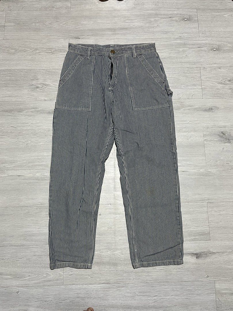Vintage Hickory Stripe Carpenter Overalls Pants (Category: Jeans) located in Manila. Submitted by jorgemabelin2001 (Listing ID 1469605243, Image 1). Description: - Classic blue and white hickory stripe design - Heavy-duty utility style with multiple patch pockets - Functional side hammer loop and button fly - Detailed with a back pocket woven patch and vintage waistband label - Sturdy workwear construction with contrast white stitching - Conditio