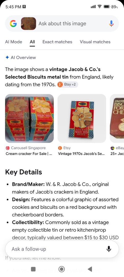 Vintage Jacob & Co Selected Biscuits Metal Tin (Category: Vintage Collectibles) located in Mandaluyong City. Submitted by LEATHERFACE (Listing ID 1469662781, Image 2). Description: - Vintage 1970s metal biscuit tin from W. & R. Jacob & Co, England - Eye-catching colorful graphic of assorted cookies on a red background with checkerboard borders - Charming rustic condition with visible aging and rust spots - Ideal for retro kitchen decor, shelf sty