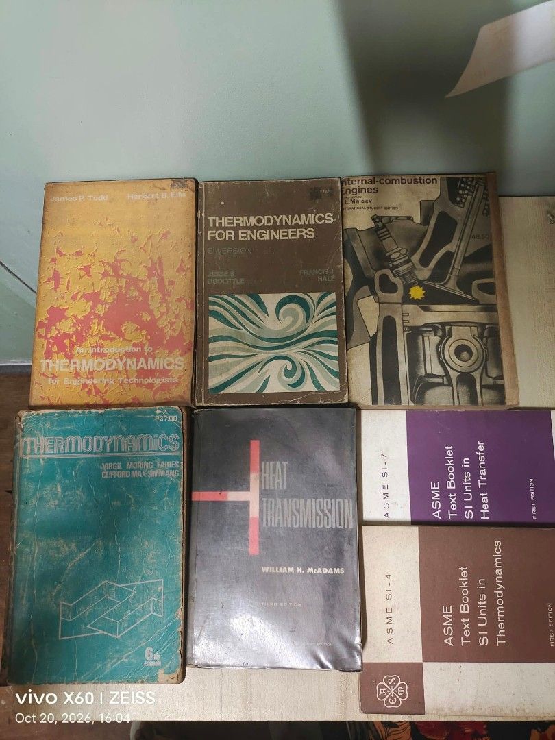 Vintage Mechanical Engineering and Thermodynamics Textbooks (Category: Textbooks) located in San Juan City. Submitted by serene.img (Listing ID 1469673304, Image 3). Description: ☆ Php 100/each ☆ Can also be purchase as a Set or Bundle - Price is Negotiable for Bundles ☆ Heavy vintage condition with visible wear, scuffs, and aging on covers and spines ☆ Gogo Xpress for shipping outside Metro Manila ☆ Can use Grab / Lalamove if around Metro Manila