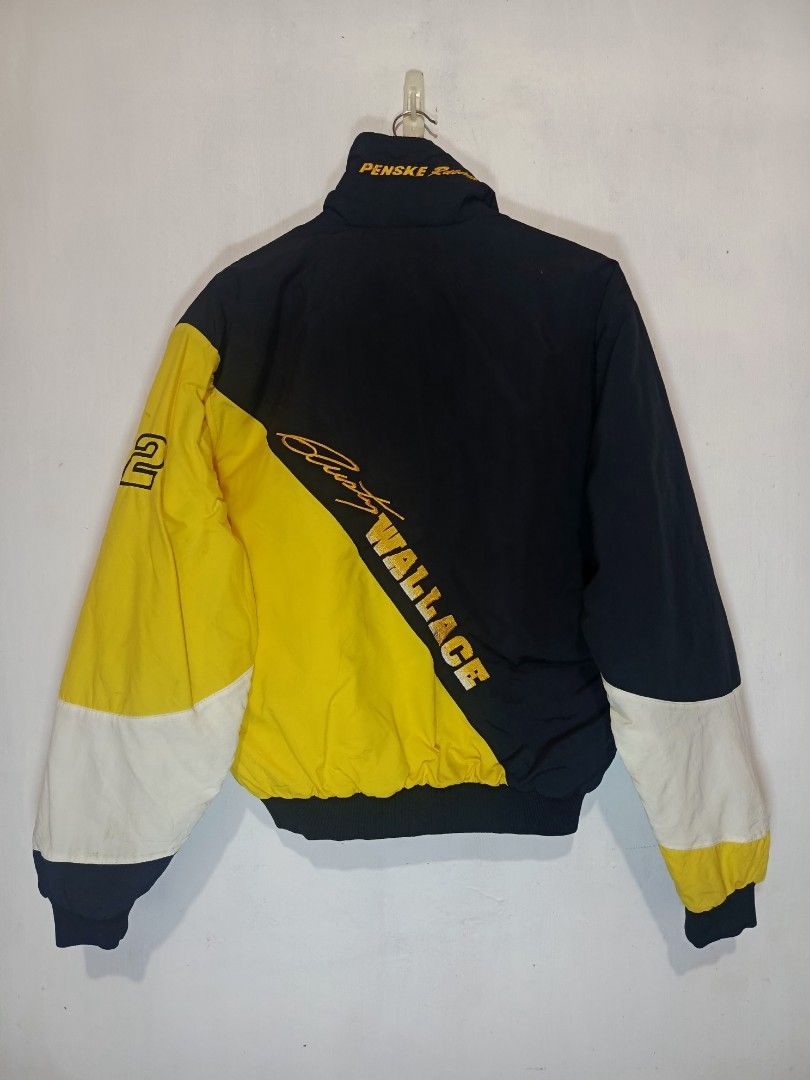 VINTAGE RUSTY WALLACE NASCAR RACING JACKET (Category: Coats, Jackets and Outerwear) located in Baguio. Submitted by 074thriftmania (Listing ID 1469757854, Image 3). Description: - Brand/Style: Vintage Ashley Sewn Products NASCAR racing jacket - Colorway: Classic navy blue, yellow, and white colorblock - Size & Fit: Size L (Measures 24" x 25"); made in USA - Key Details: Miller Genuine Draft embroidery, Rusty Wallace signature graphics, Penske Rac