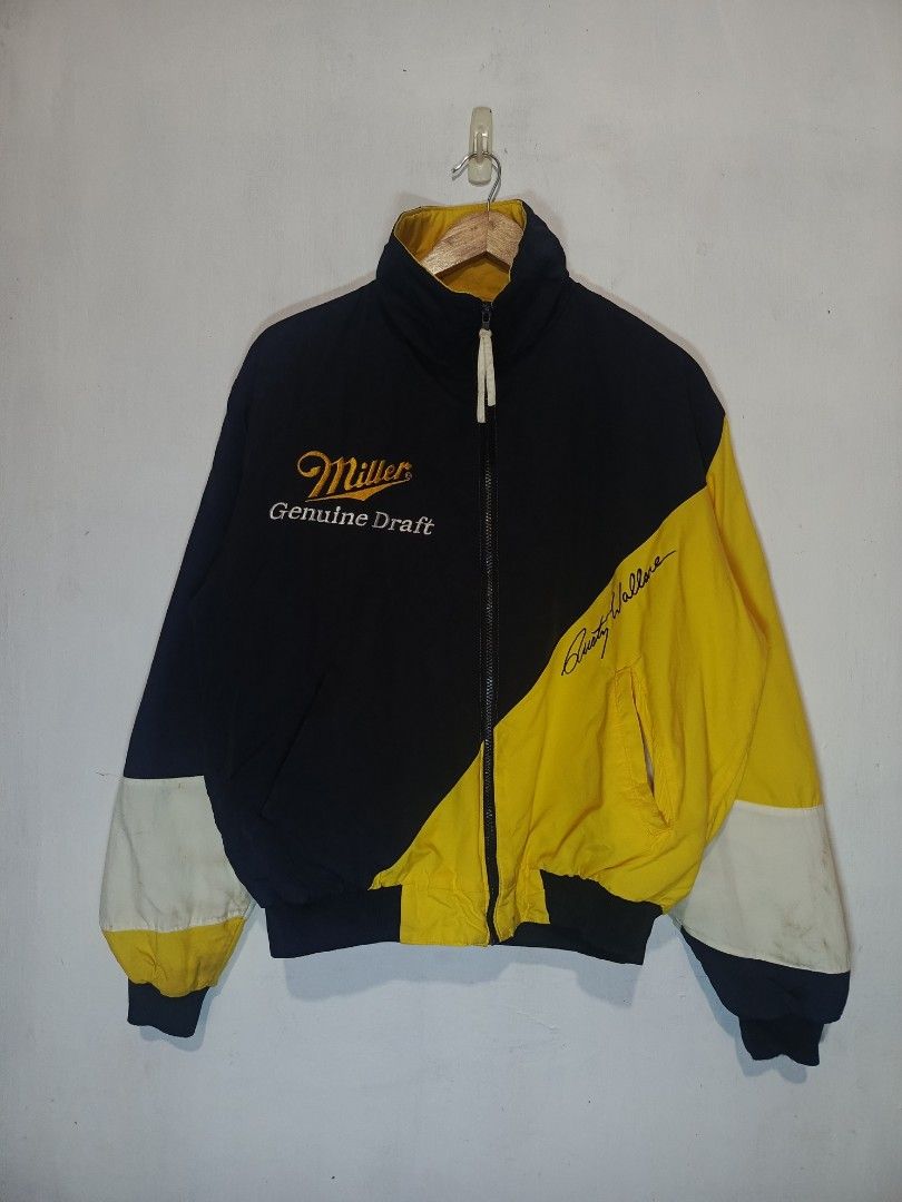 VINTAGE RUSTY WALLACE NASCAR RACING JACKET (Category: Coats, Jackets and Outerwear) located in Baguio. Submitted by 074thriftmania (Listing ID 1469757854, Image 1). Description: - Brand/Style: Vintage Ashley Sewn Products NASCAR racing jacket - Colorway: Classic navy blue, yellow, and white colorblock - Size & Fit: Size L (Measures 24" x 25"); made in USA - Key Details: Miller Genuine Draft embroidery, Rusty Wallace signature graphics, Penske Rac