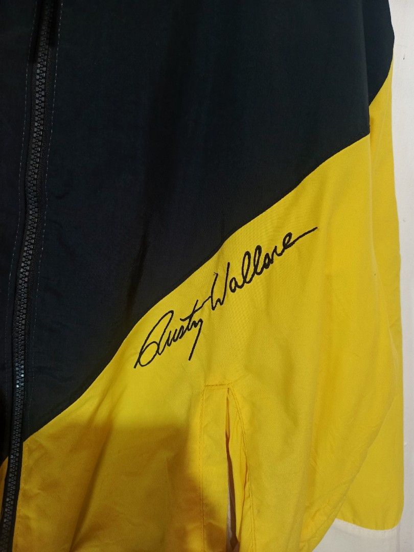 VINTAGE RUSTY WALLACE NASCAR RACING JACKET (Category: Coats, Jackets and Outerwear) located in Baguio. Submitted by 074thriftmania (Listing ID 1469757854, Image 2). Description: - Brand/Style: Vintage Ashley Sewn Products NASCAR racing jacket - Colorway: Classic navy blue, yellow, and white colorblock - Size & Fit: Size L (Measures 24" x 25"); made in USA - Key Details: Miller Genuine Draft embroidery, Rusty Wallace signature graphics, Penske Rac