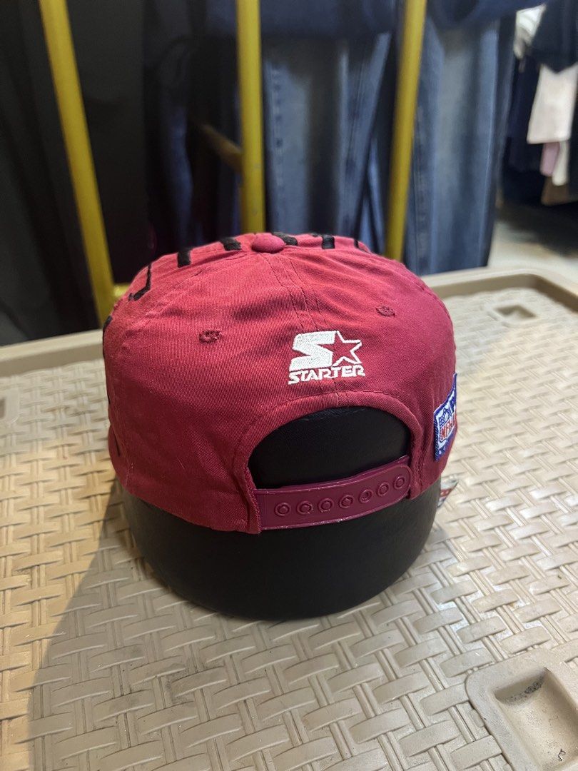 Vintage San Francisco 49ers Starter Snapback Hat (Category: Caps & Hats) located in Manila. Submitted by irenekaren57943 (Listing ID 1469591679, Image 3). Description: - Brand: Starter (NFL Pro Line) - Team: San Francisco 49ers - Color: Maroon with unique black shatter/crack embroidery across crown and brim - Details: Embroidered team logo on front, Starter logo on back, and NFL Pro Line patch on side - Closure: Adjustable matching maroon plastic