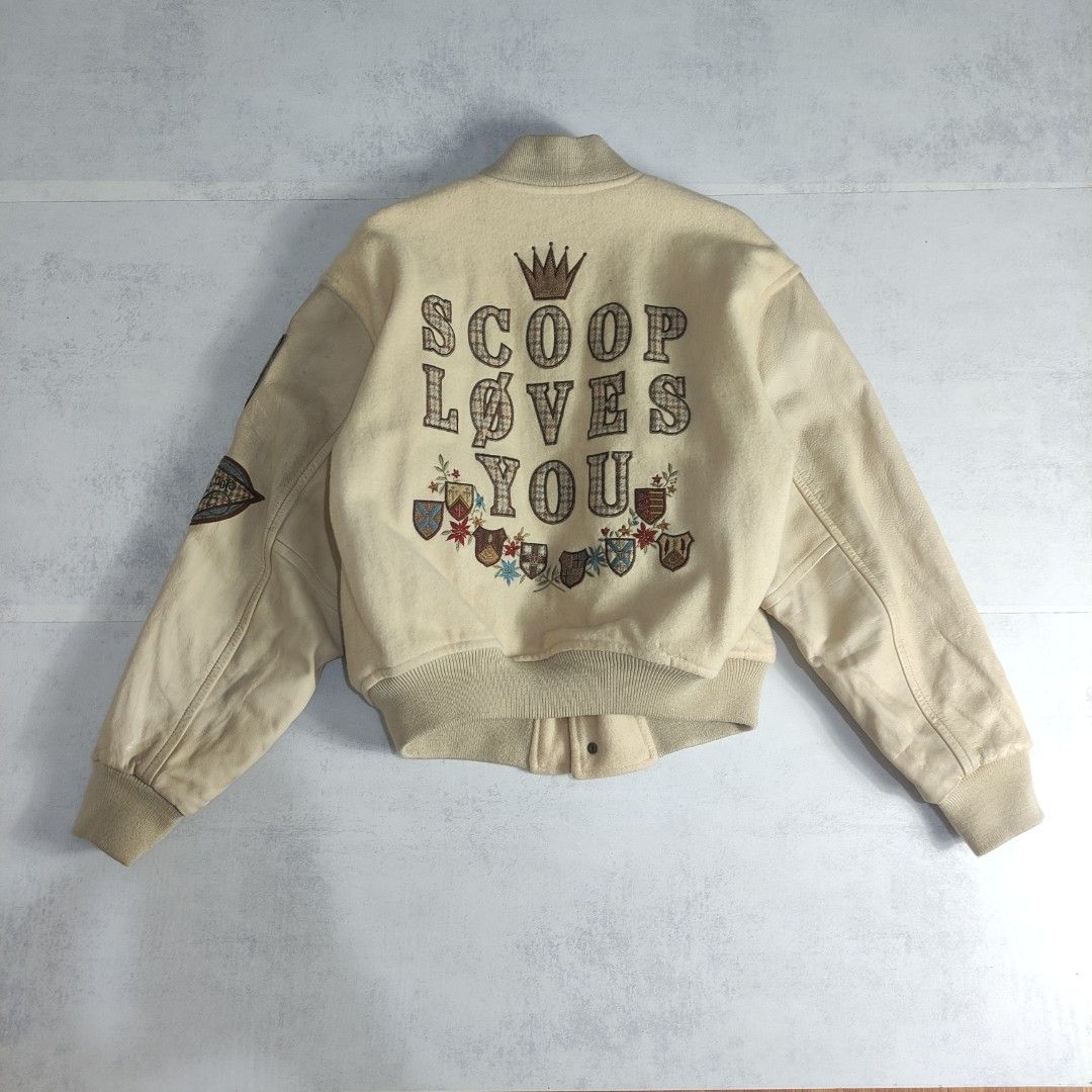 Vintage Scoop Wool Leather Varsity Jacket (Category: Coats, Jackets and Outerwear) located in Bulacan. Submitted by thriftlockerph (Listing ID 1469611478, Image 1). Description: Size: M Dimension: 23.5L 22W Condition: 8/10 Issue: stains, meeds cleaning.
