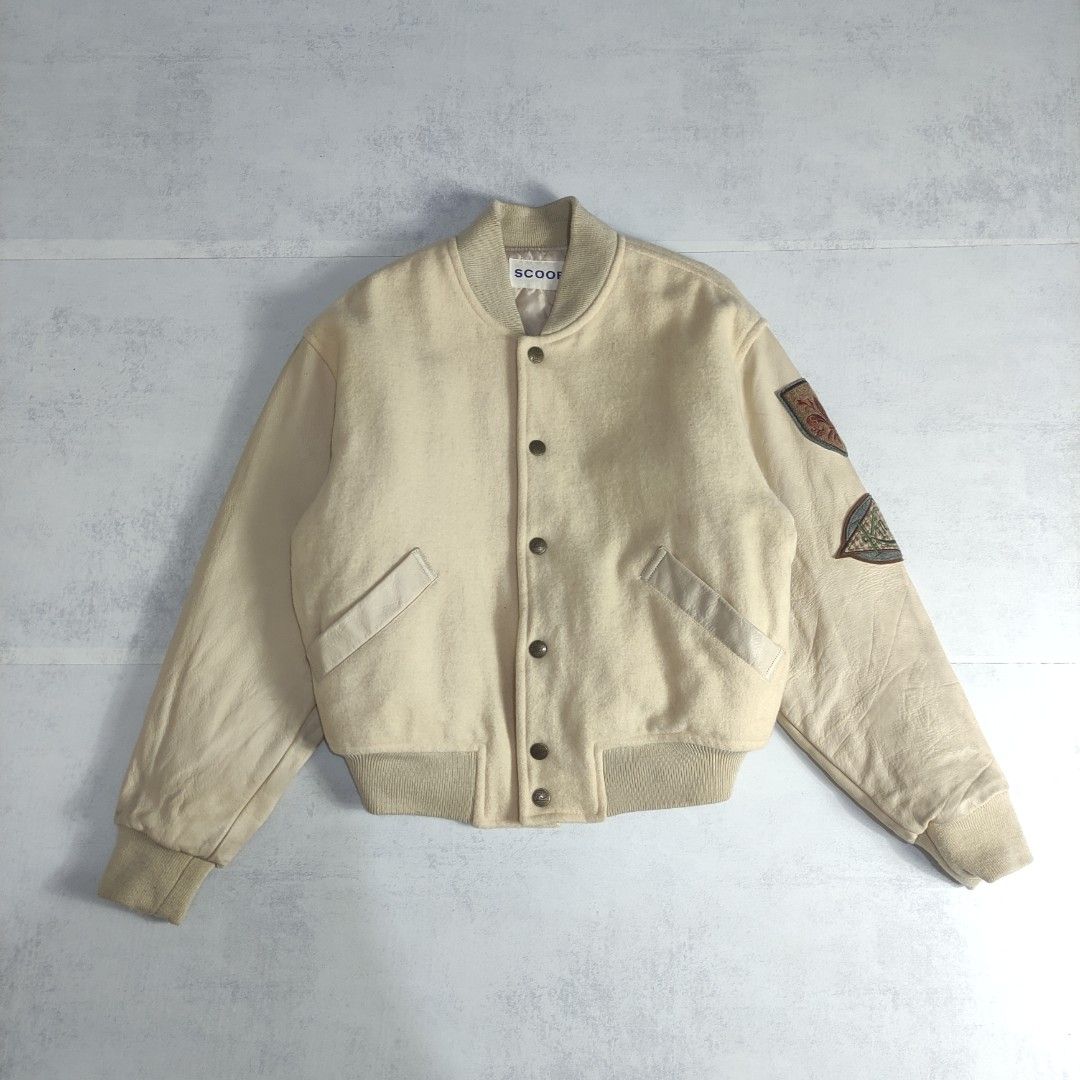 Vintage Scoop Wool Leather Varsity Jacket (Category: Coats, Jackets and Outerwear) located in Bulacan. Submitted by thriftlockerph (Listing ID 1469611478, Image 2). Description: Size: M Dimension: 23.5L 22W Condition: 8/10 Issue: stains, meeds cleaning.