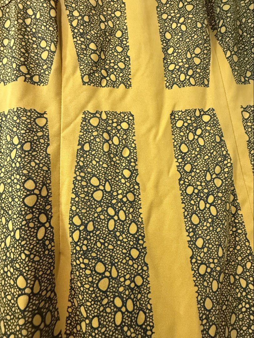 Vivant Yellow Patterned Sleeveless Dress Size S (Category: Dresses) located in Taguig. Submitted by decluttering_tita2 (Listing ID 1469691906, Image 2). Description: - Brand: Vivant - Size: S - Color: Bright yellow with contrasting dark lace-style vertical panels - Fit: Fitted silhouette with a scoop neckline - Closure: Easy-wear side zipper - Material: Smooth, comfortable fabric feel - Condition: Excellent.