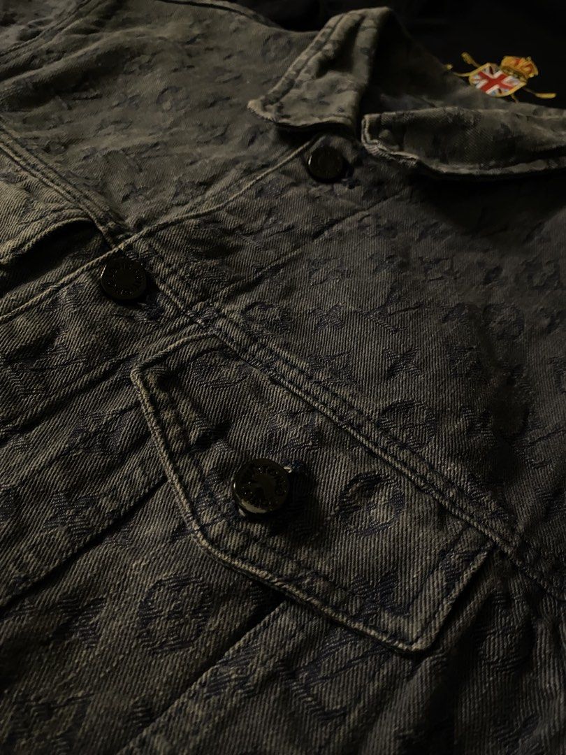 VL MONOGRAM DENIM JACKET (Category: Coats, Jackets and Outerwear) located in Manila. Submitted by urbanhits (Listing ID 1469713796, Image 3). Description: / 25 length / 21.5 width / 24 sleeve / 9/10 Condition 9/10 Color Rate fade (issue).