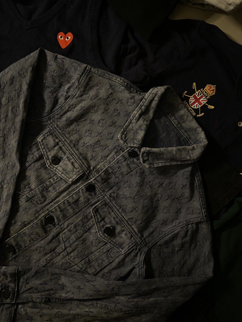 VL MONOGRAM DENIM JACKET (Category: Coats, Jackets and Outerwear) located in Manila. Submitted by urbanhits (Listing ID 1469713796, Image 2). Description: / 25 length / 21.5 width / 24 sleeve / 9/10 Condition 9/10 Color Rate fade (issue).