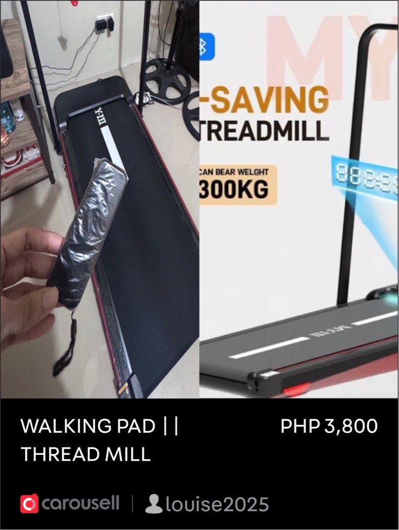 WALKING PAD || THREAD-MILL (Category: Other Home Appliances) located in Manila. Submitted by louise2025 (Listing ID 1469645334, Image 1). Description: LOC: FAIRVIEW QUEZON CITY MY-HI 16km/h Folding electric threadmill with remote NO BOX SLIGHTLY USED WORKING REMOTE & TOOLS RFS: Prefer walking outside and no longer being used.