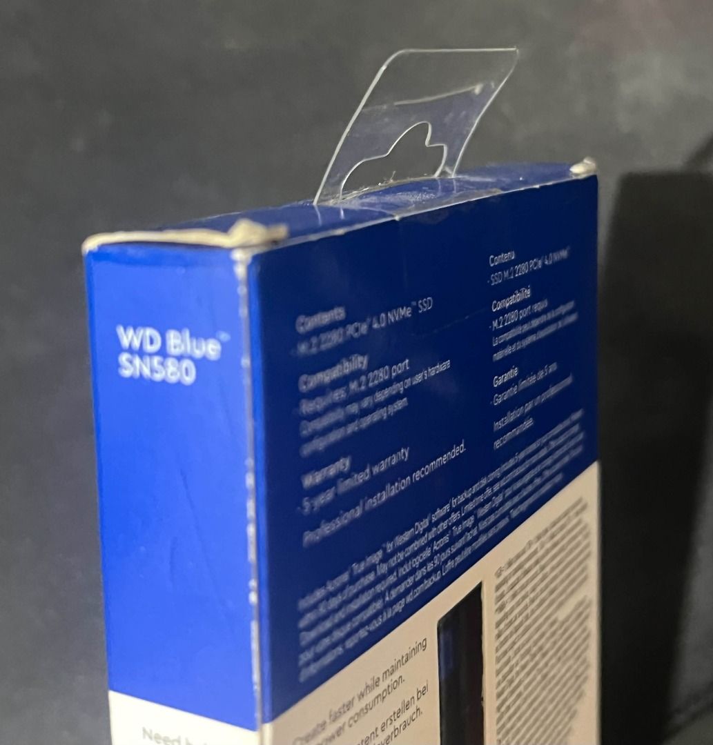 WD Blue SN580 2TB NVMe SSD (Category: Computer Parts) located in Manila. Submitted by quickcat-d8a9 (Listing ID 1469636693, Image 3). Description: Unused and never been opened. Stored since around 2024 and never been installed. The outer box has some wear from storage, as shown in the photos. Price: ₱14,500, slightly negotiable. Specifications: • Capacity: 2TB • Type: Internal M.2 2280 NVMe SSD • Interface: PCIe 4.0 • Advertised read speed: Up to