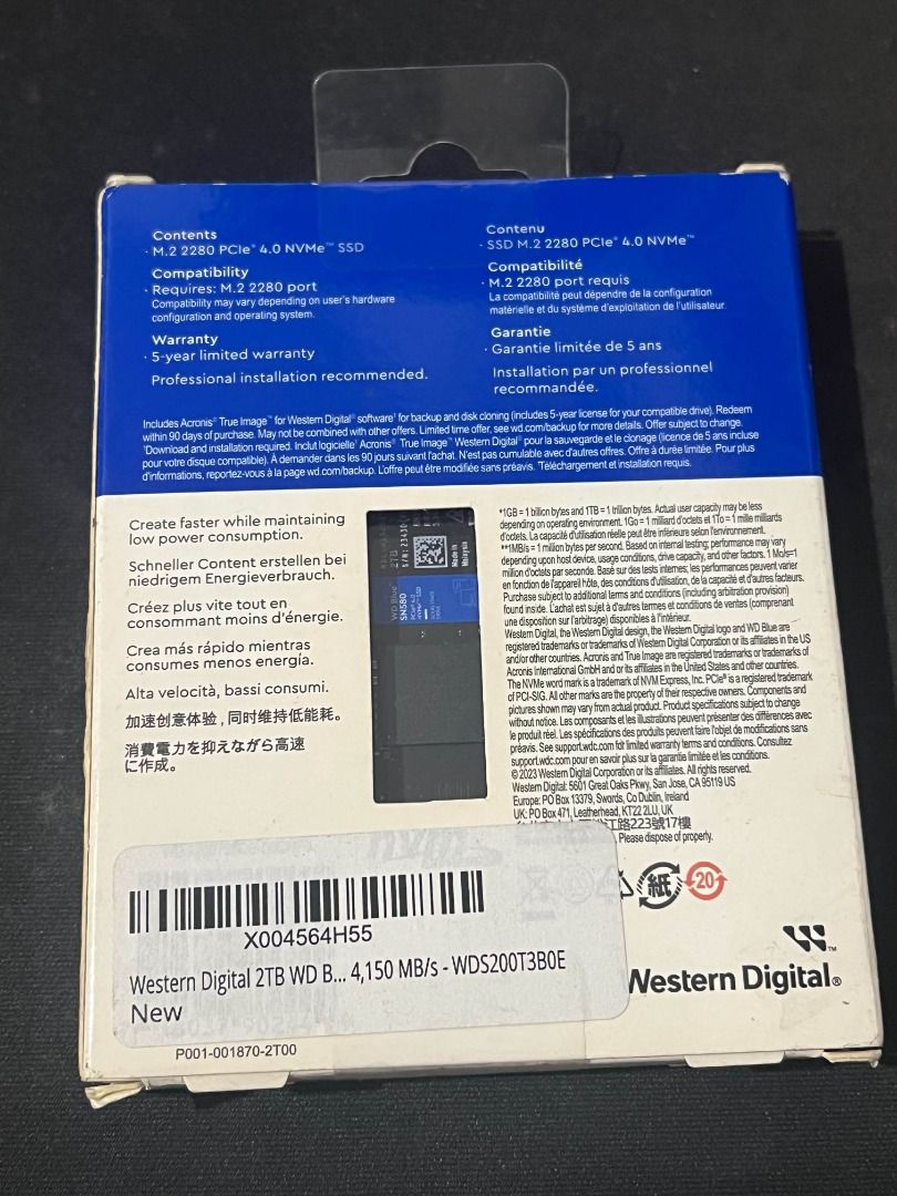 WD Blue SN580 2TB NVMe SSD (Category: Computer Parts) located in Manila. Submitted by quickcat-d8a9 (Listing ID 1469636693, Image 2). Description: Unused and never been opened. Stored since around 2024 and never been installed. The outer box has some wear from storage, as shown in the photos. Price: ₱14,500, slightly negotiable. Specifications: • Capacity: 2TB • Type: Internal M.2 2280 NVMe SSD • Interface: PCIe 4.0 • Advertised read speed: Up to