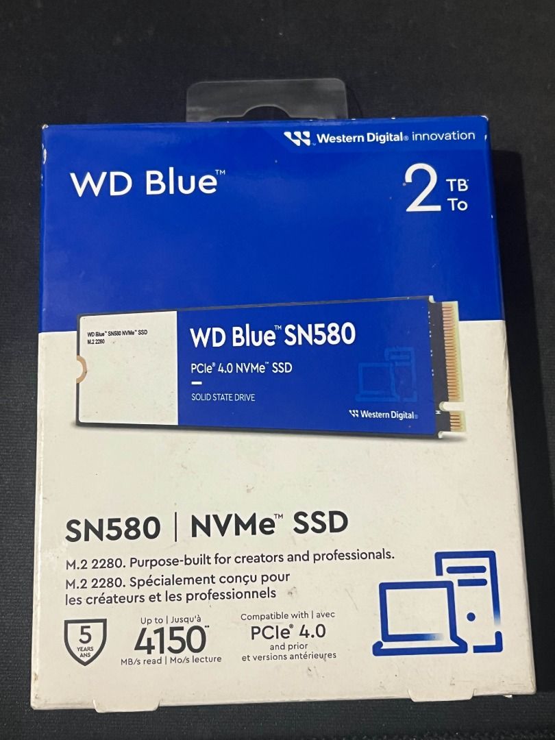 WD Blue SN580 2TB NVMe SSD (Category: Computer Parts) located in Manila. Submitted by quickcat-d8a9 (Listing ID 1469636693, Image 1). Description: Unused and never been opened. Stored since around 2024 and never been installed. The outer box has some wear from storage, as shown in the photos. Price: ₱14,500, slightly negotiable. Specifications: • Capacity: 2TB • Type: Internal M.2 2280 NVMe SSD • Interface: PCIe 4.0 • Advertised read speed: Up to