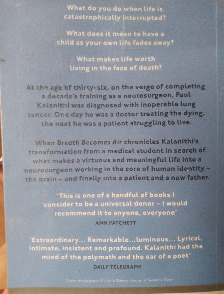 When Breath Becomes Air by Paul Kalanithi (Category: Storybooks) located in Bulacan. Submitted by panda.po (Listing ID 1469686457, Image 2). Description: - When Breath Becomes Air by Paul Kalanithi book for sale - Excellent, Like new condition - Very nice coffee table book to read - Paperback edition (blue cover) - Genre: Bestselling memoir / Medicine & Mortality - Description: A profound and moving story of a neurosurgeon who becomes a patient, 
