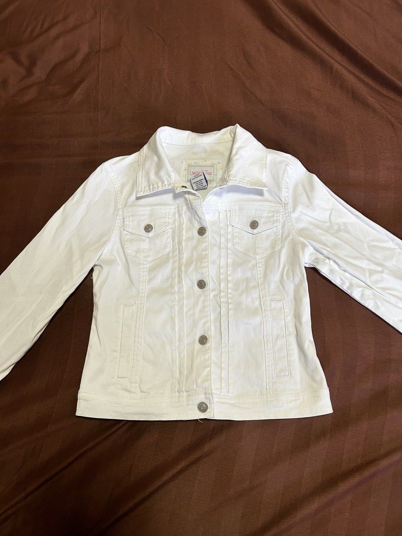 White Denim Jacket (Category: Coats, Jackets and Outerwear) located in Taguig. Submitted by my.serendipithrift (Listing ID 1469639198, Image 1). Description: Size: XXS-S Hard denim Makapal tela Snap buttons Could be worn by kids Washed and ready to wear.