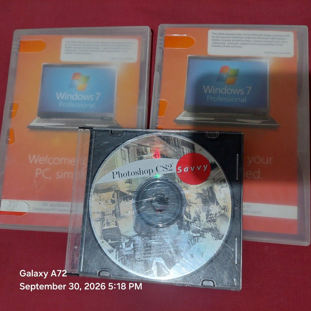 Windows 7 Professional and Photoshop CS2 Savvy Software (Category: Software) located in Quezon City. Submitted by nicheseeker (Listing ID 1469749403, Image 1). Description: - 2x Windows 7 Professional OEM software (in cases) - 1x Photoshop CS2 Savvy learning CD (in jewel case) - Ideal for retro PC builds and software collectors - Sold as a bundle (discs and cases included as pictured) - UNTESTED. 1 lang nagamit na Windows 7 jan, yung isa matagal 