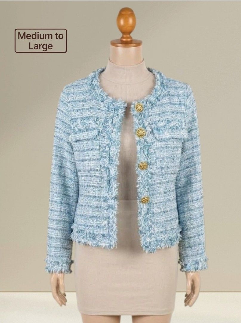 Women's Light Blue Tweed Jacket (Category: Coats, Jackets and Outerwear) located in Quezon City. Submitted by dannikkishoppe2 (Listing ID 1469582808, Image 1). Description: Women's Light Blue Tweed Jacket‼️₱500‼️ Light blue textured tweed open/button-front cardigan jacket with frayed edges and gold buttons worn once.