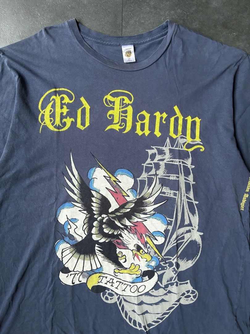 Y2k 2000s Ed Hardy Tee Shirt Eagle Tattoo (Category: Tshirts & Polo Shirts ) located in Cabuyao City. Submitted by hesovint. (Listing ID 1469686053, Image 3). Description: IG: heso.vint Flaw: signs of use Fits: XL width: 24 length: 30 sleeve (pit to cuff): unit: inches +sf.