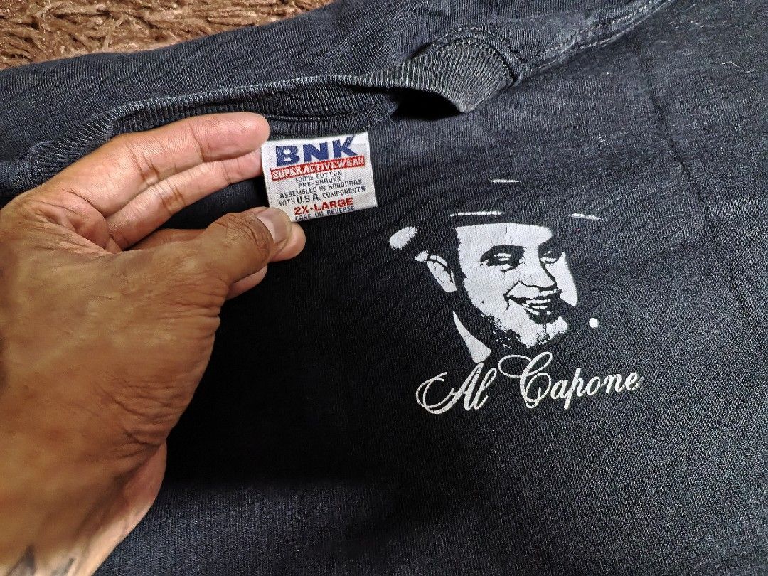 Y2k Al Capone Tshirt (Category: Tshirts & Polo Shirts ) located in San Juan City. Submitted by reddvelasquez4298 (Listing ID 1469590343, Image 3). Description: Y2k Al Capone Tshirt Size 2XL 26 Width 32 Length Very Good Condition Issue minimal hairline crackprints, check photos. PM.